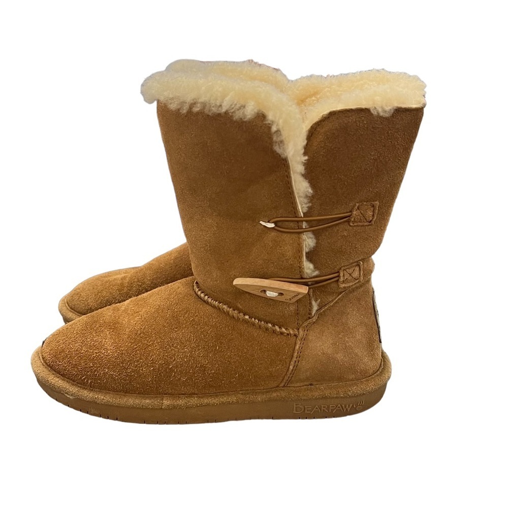 Bearpaw Abigail Size 6 Tan Sheepskin Wool Fur Lined Suede Mid Calf Boots - Picture 2 of 7